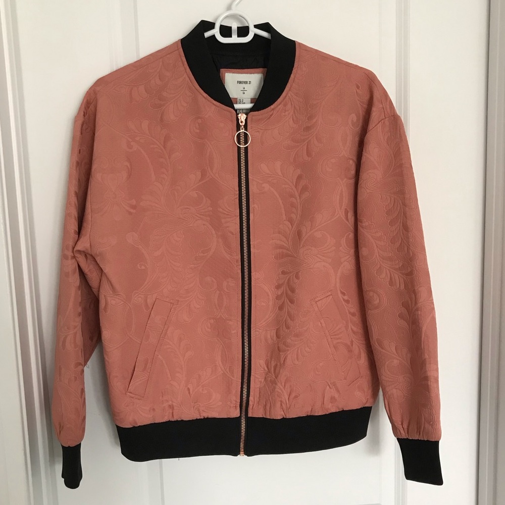 Forever 21 Peach Embroidered Zip Up Bomber Jacket
